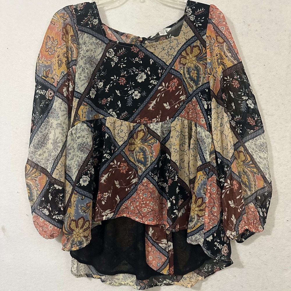 American Eagle Patchwork Floral Paisley Peplum Blouse Tie Back BOHO Medium